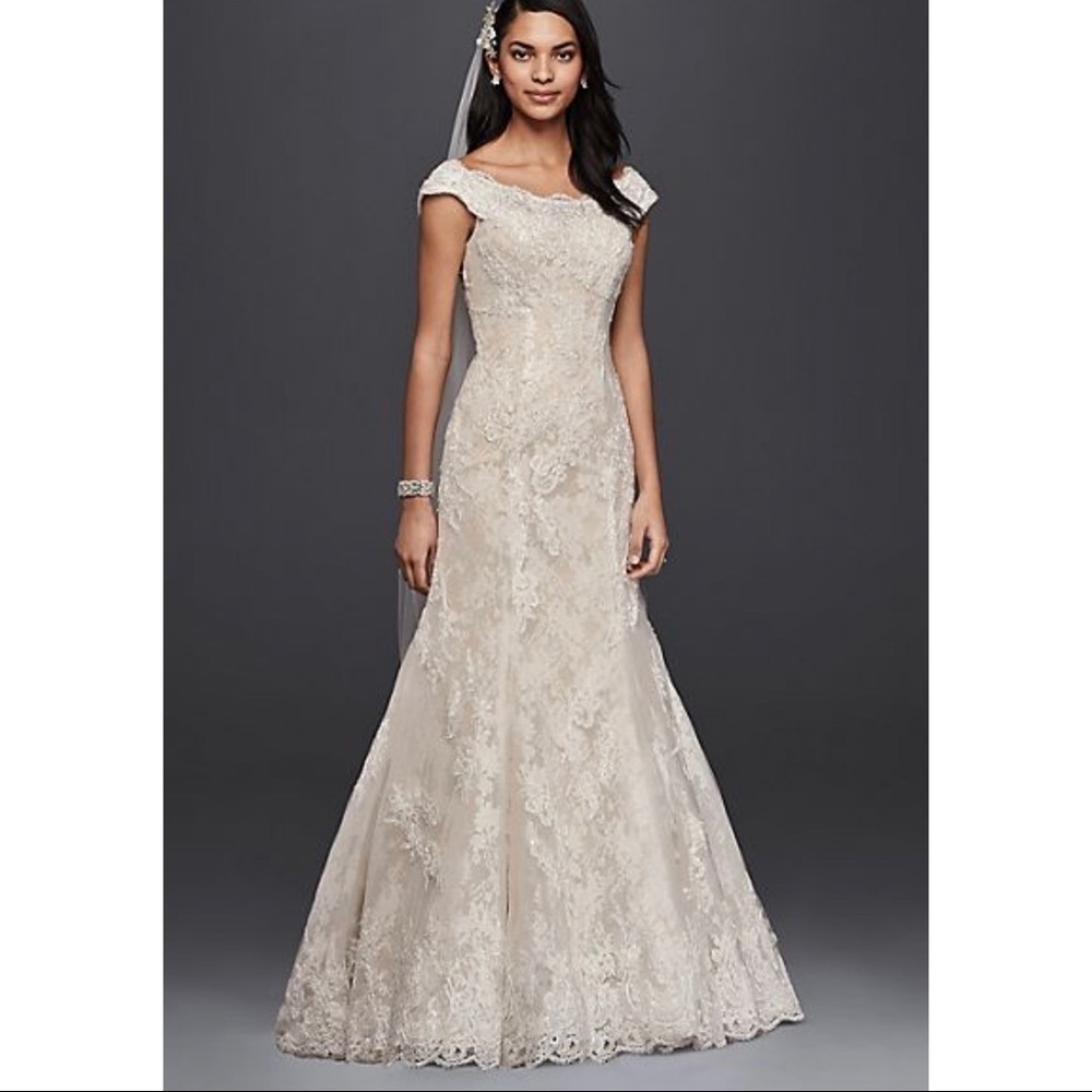 oleg cassini off the shoulder lace wedding dress Oleg Cassini Wedding Dress